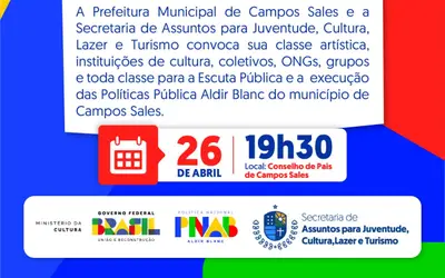 Campos Sales: Prefeitura municipal convida a classe artística para a apresentação da execução das Políticas Pública da Lei Aldir Blanc.